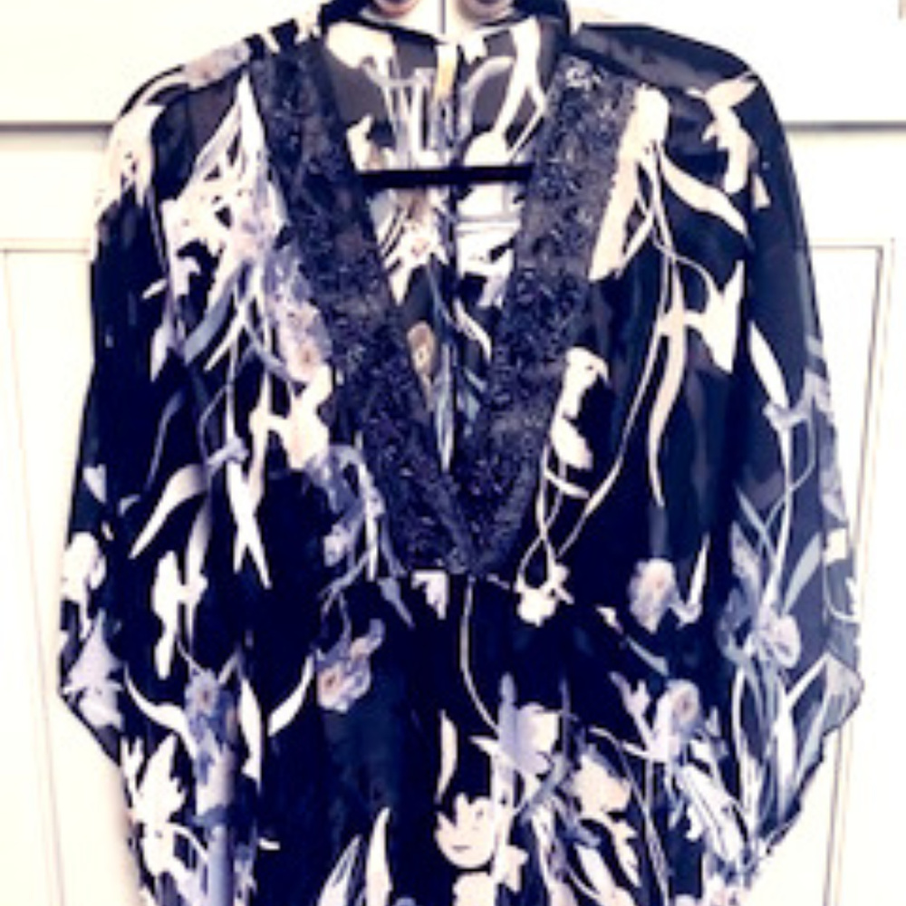 NWOT Chenault V Neck Floral Sheer Beaded Coverup